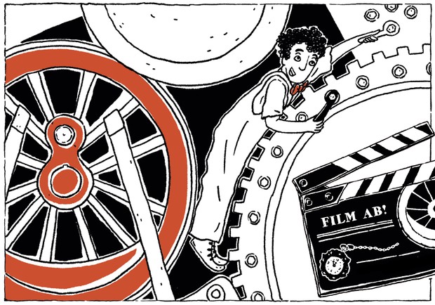 Illustration von Charlie zwischen Filmdosen und einem Rad