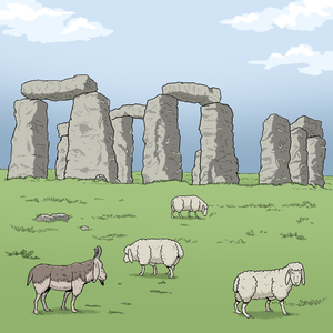 Illustration des Steinkreises und der Landschaft, auf der grünen Wiese vor dem Steinkreis grasen Schafe und Ziegen