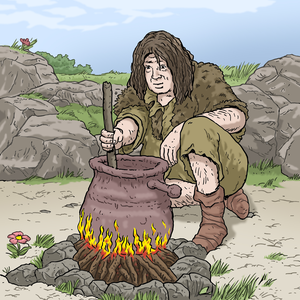 Illustration von einem Menschen und einer Feuerstelle, der Mensch rührt in einem Topf aus Ton