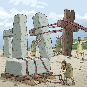 Die Illustration zeigt einige große Steine. Die Steine werden mit Seilen und Holzkonstruktionen aufgerichtet.