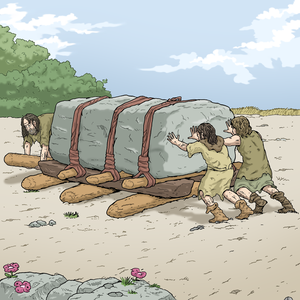 Illustration von einem großen Stein und Menschen, die Menschen schieben den großen Stein, der Stein liegt auf runden Hölzern