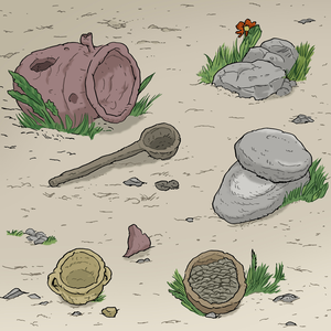 Die Illustration zeigt auf dem Boden liegende Gegenstände. Diese sind teilweise zerbrochen.