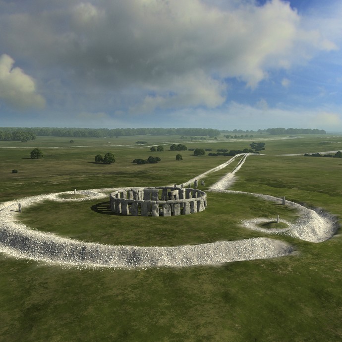 Virtuelle Rekonstruktion von Stonehenge in seiner umgebenden Landschaft um 2500 v. Chr (öffnet vergrößerte Bildansicht)